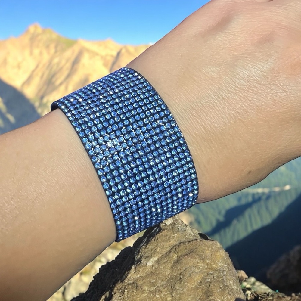 Wide Rhinestone Crystal Magnetic Wrap Bracelet Blue
